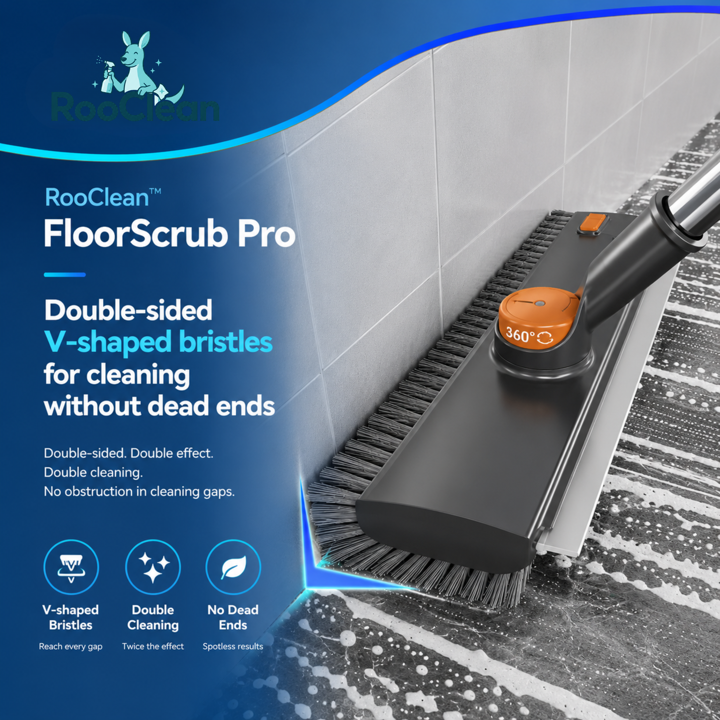RooClean FloorScrub Pro floor cleaning brush with adjustable handle for scrubbing tiles, patios, garages, driveways and outdoor surfaces.