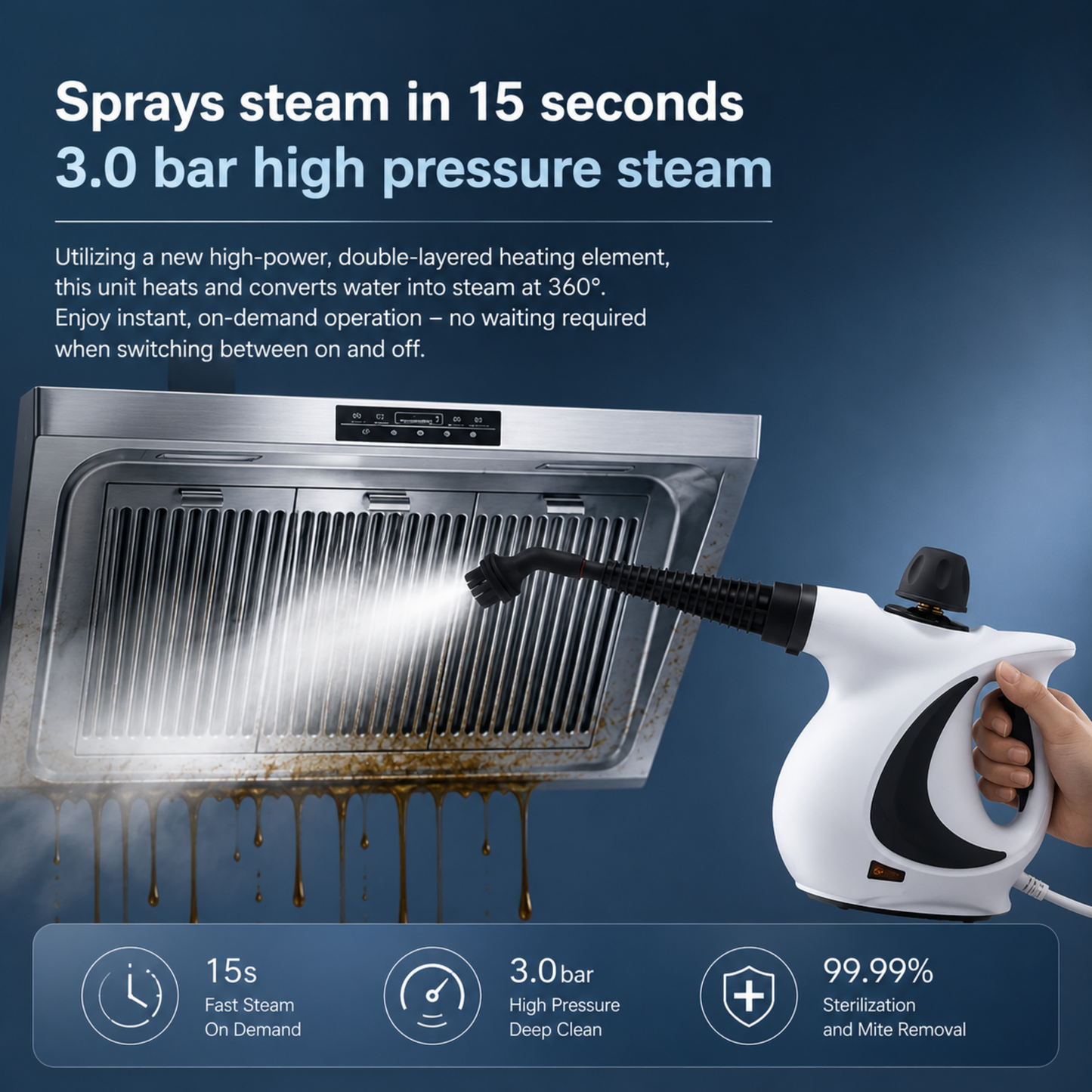 RooClean SteamPro handheld steam cleaner for removing grease, grime and bacteria from kitchens, bathrooms, tiles and sealed hard surfaces.