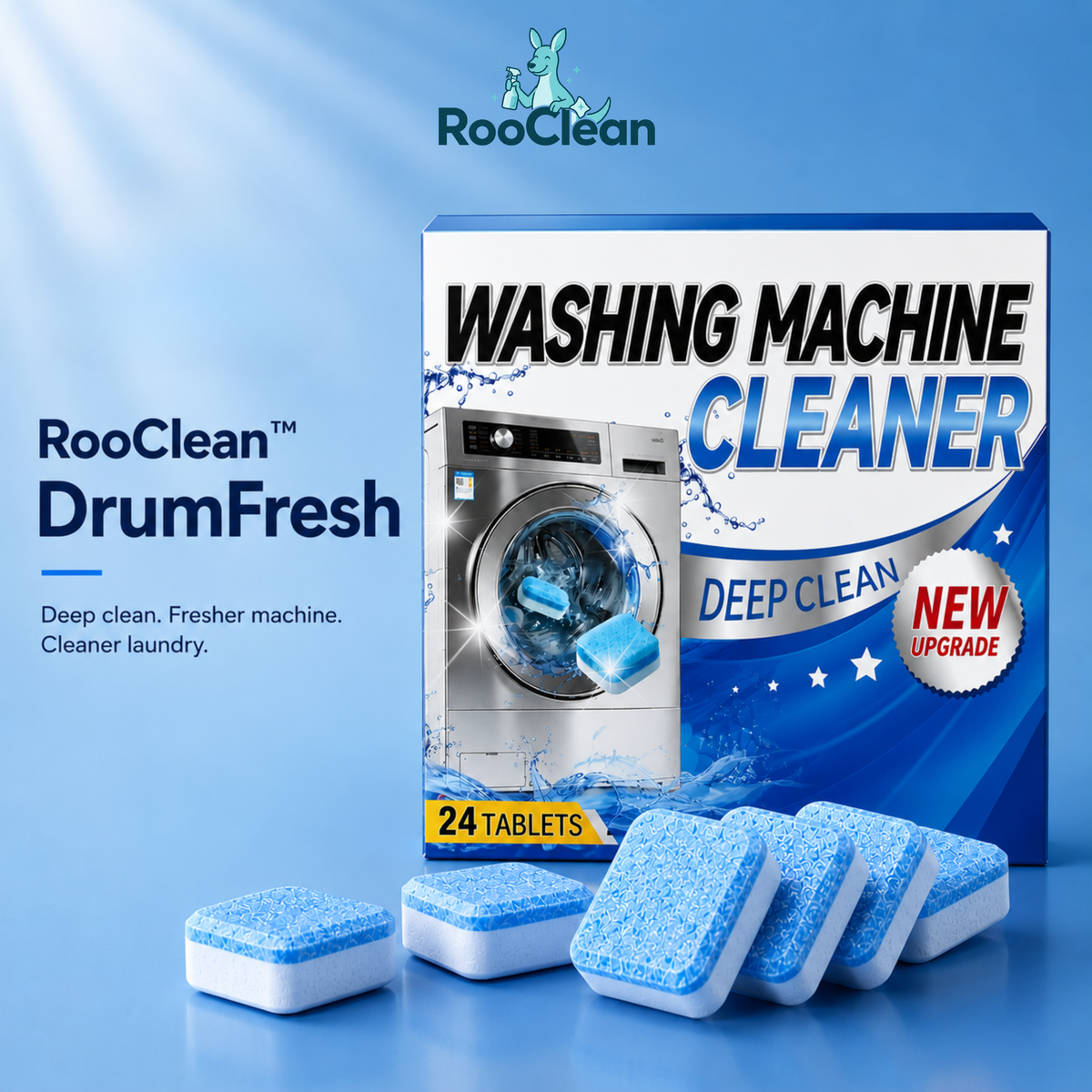 RooClean DrumFresh washing machine cleaner tablets (24 tablets) for removing detergent residue, odours and hidden build-up in all washing machines.