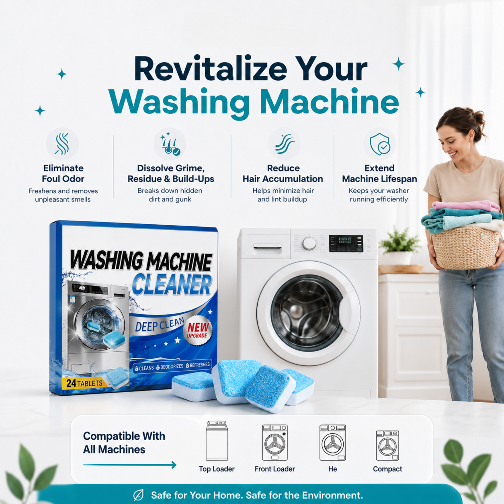 RooClean DrumFresh washing machine cleaner tablets (24 tablets) for removing detergent residue, odours and hidden build-up in all washing machines.
