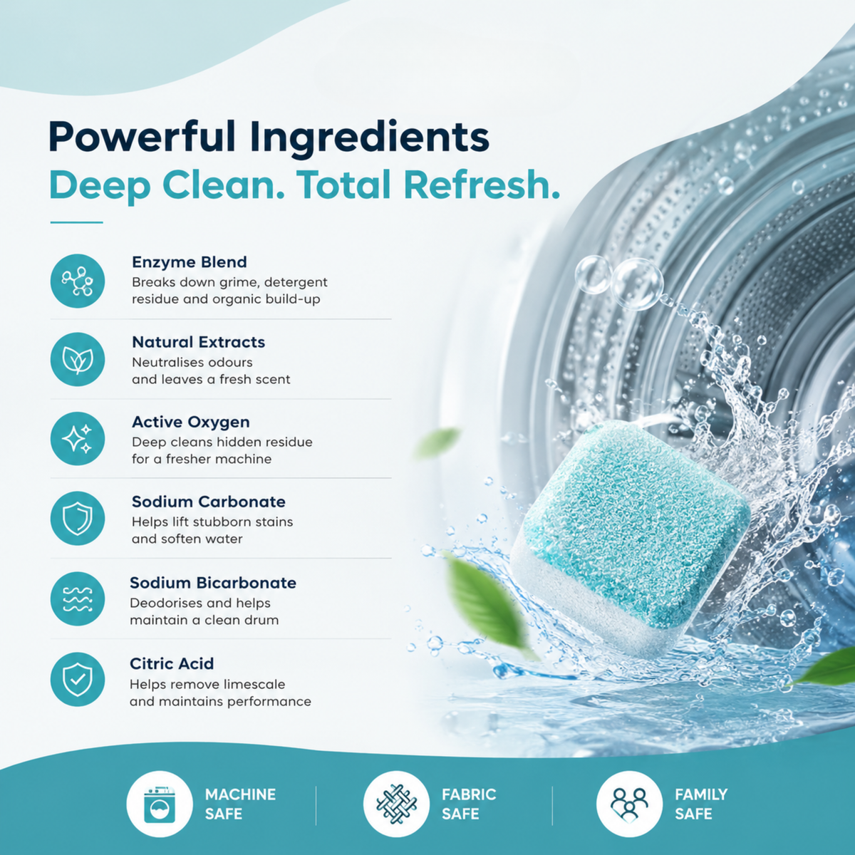 RooClean DrumFresh washing machine cleaner tablets (24 tablets) for removing detergent residue, odours and hidden build-up in all washing machines.