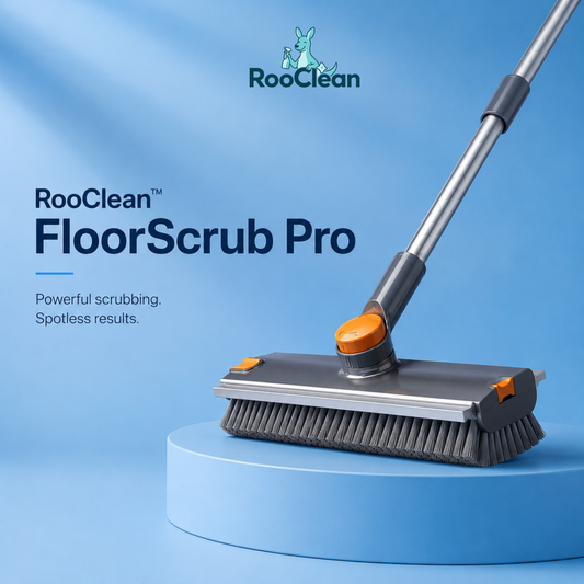 RooClean FloorScrub Pro floor cleaning brush with adjustable handle for scrubbing tiles, patios, garages, driveways and outdoor surfaces.