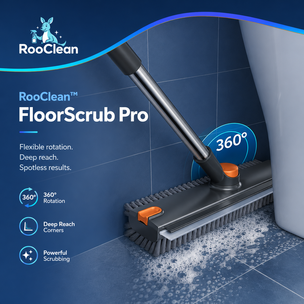 RooClean FloorScrub Pro floor cleaning brush with adjustable handle for scrubbing tiles, patios, garages, driveways and outdoor surfaces.