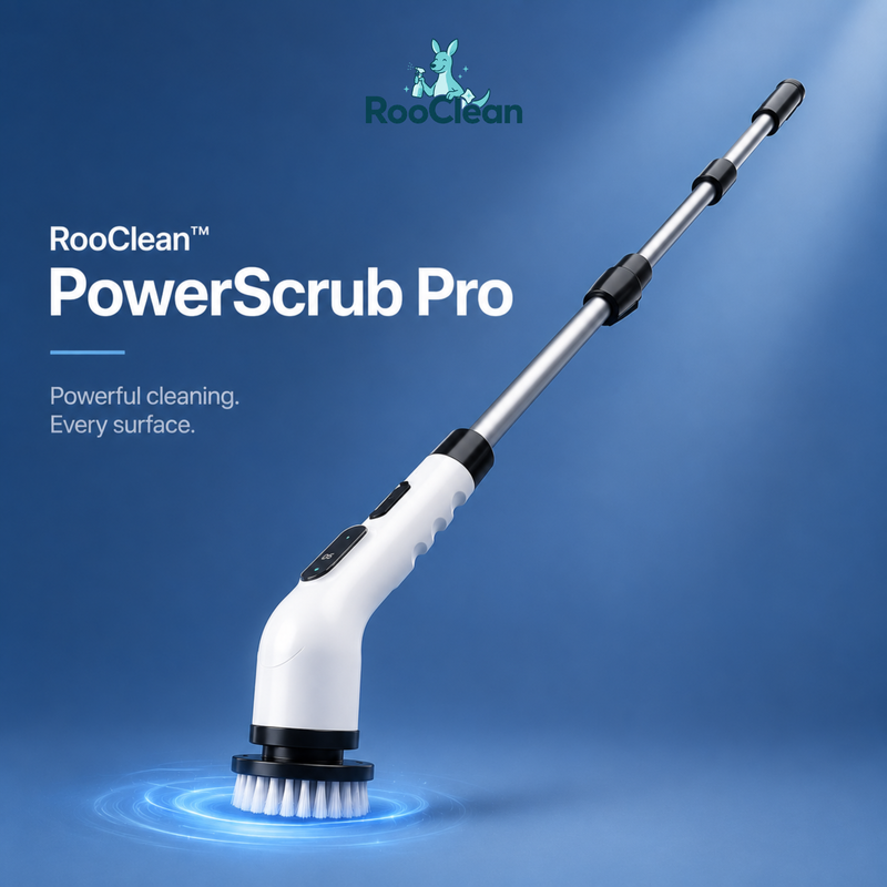 RooClean PowerScrub Pro cordless electric cleaning brush with 9 interchangeable brush heads for bathrooms, tiles, grout, kitchens and outdoor cleaning.