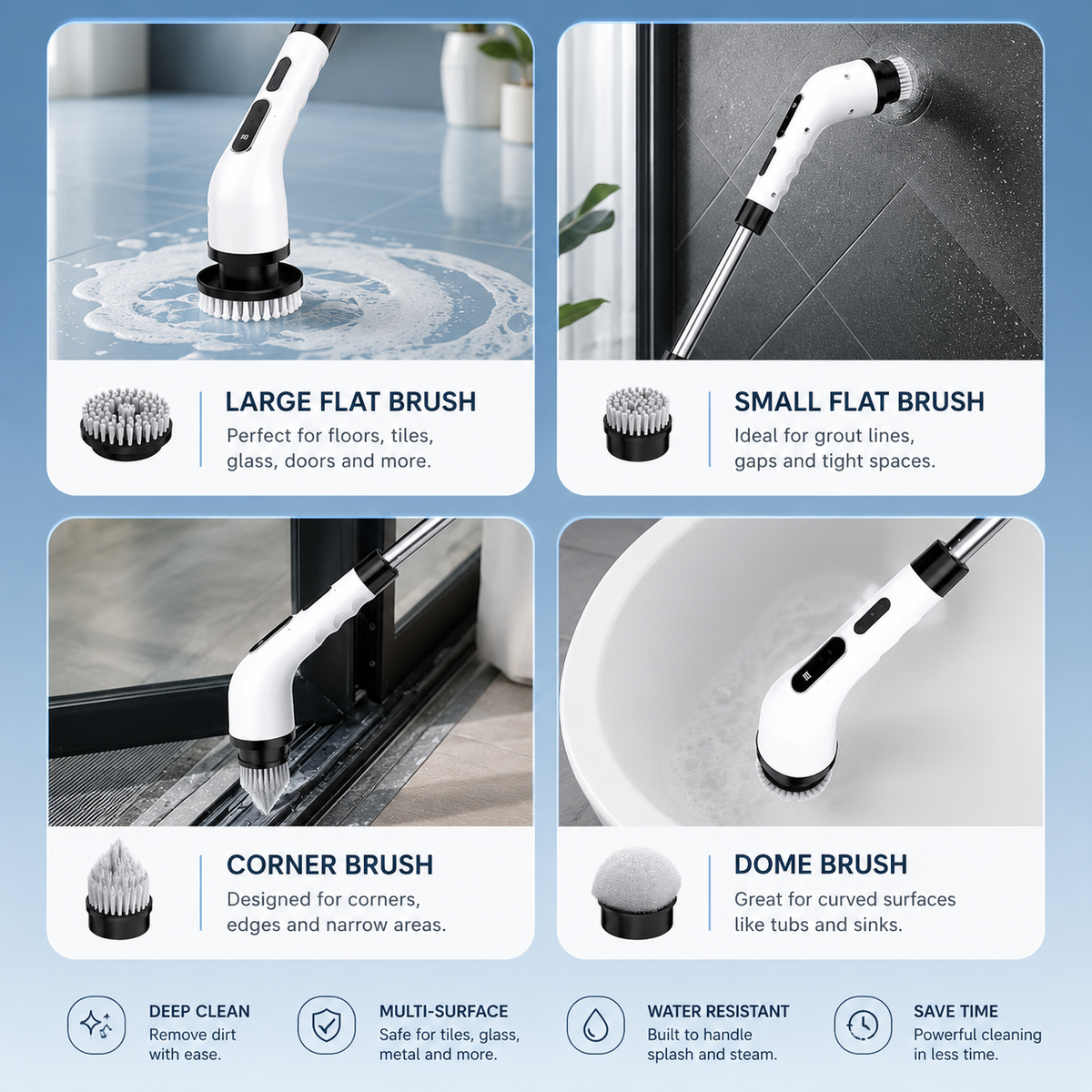 RooClean PowerScrub Pro cordless electric cleaning brush with 9 interchangeable brush heads for bathrooms, tiles, grout, kitchens and outdoor cleaning.