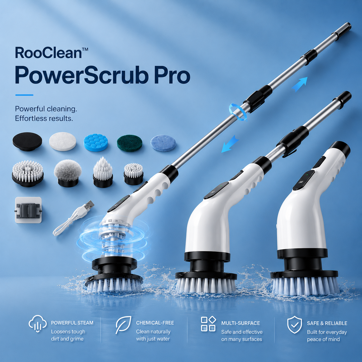 RooClean PowerScrub Pro cordless electric cleaning brush with 9 interchangeable brush heads for bathrooms, tiles, grout, kitchens and outdoor cleaning.