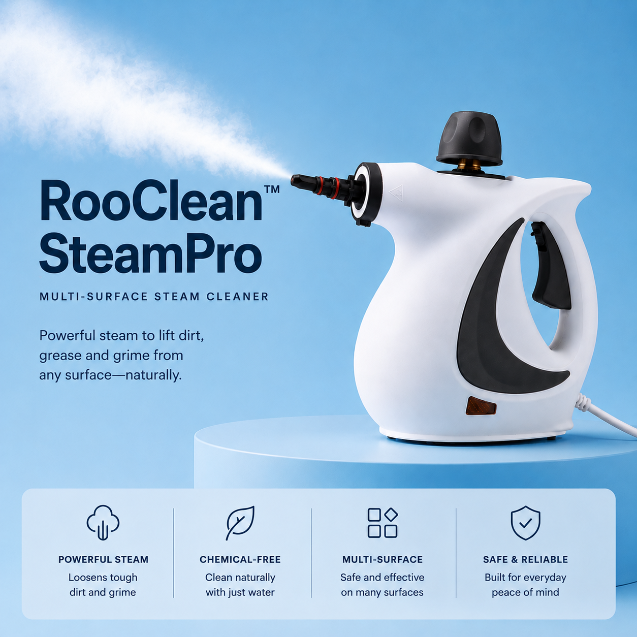 RooClean SteamPro handheld steam cleaner for removing grease, grime and bacteria from kitchens, bathrooms, tiles and sealed hard surfaces.
