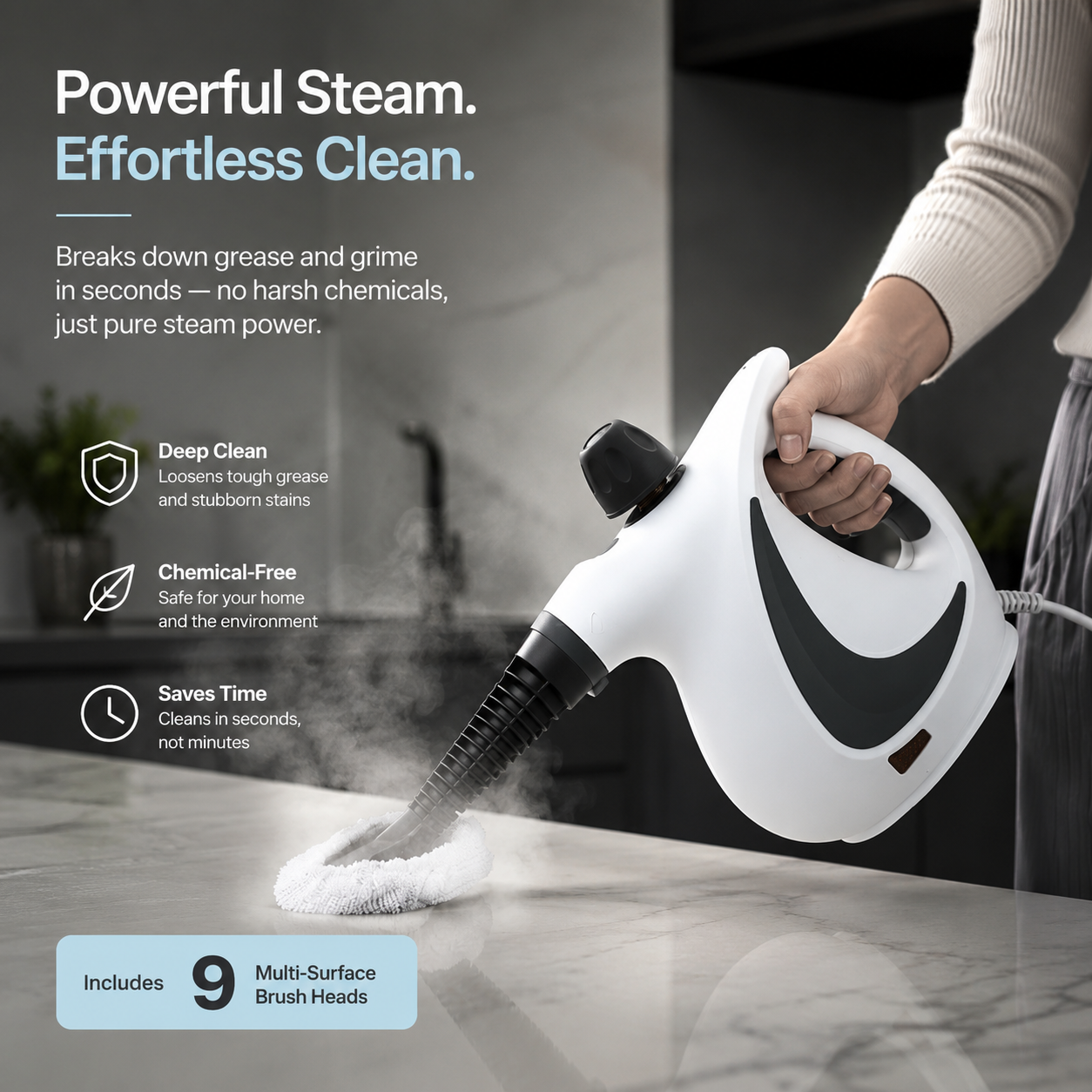 RooClean SteamPro handheld steam cleaner for removing grease, grime and bacteria from kitchens, bathrooms, tiles and sealed hard surfaces.