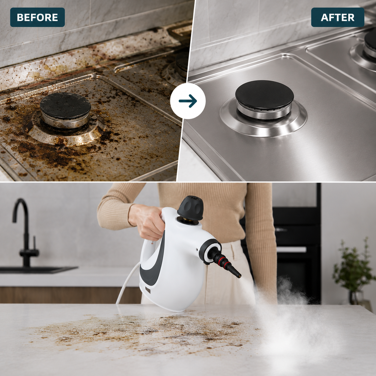 RooClean SteamPro handheld steam cleaner for removing grease, grime and bacteria from kitchens, bathrooms, tiles and sealed hard surfaces.